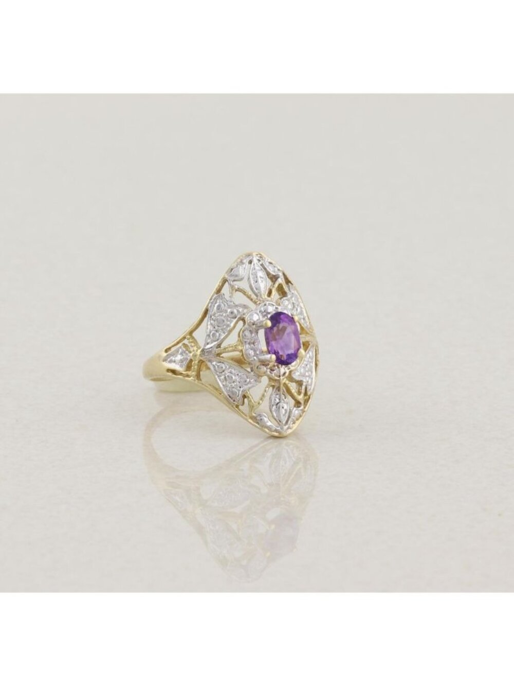 10k Yellow Gold & White Gold Natural Amethyst Ring Filigree Flower Size 7 - Picture 4 of 7